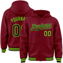 Load image into Gallery viewer, Custom Crimson Black-Neon Green Bomber Full-Snap Varsity Letterman Hoodie Jacket
