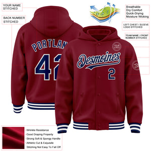 Custom Crimson Navy-White Bomber Full-Snap Varsity Letterman Hoodie Jacket