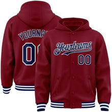 Load image into Gallery viewer, Custom Crimson Navy-White Bomber Full-Snap Varsity Letterman Hoodie Jacket
