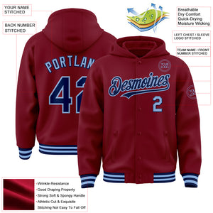 Custom Crimson Navy-Light Blue Bomber Full-Snap Varsity Letterman Hoodie Jacket