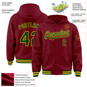 Custom Crimson Green-Gold Bomber Full-Snap Varsity Letterman Hoodie Jacket