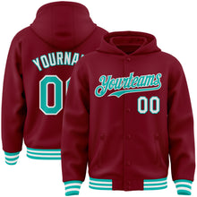 Load image into Gallery viewer, Custom Crimson Aqua-White Bomber Full-Snap Varsity Letterman Hoodie Jacket
