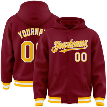 Custom Crimson Gold-White Bomber Full-Snap Varsity Letterman Hoodie Jacket