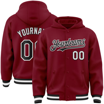 Custom Crimson Black-White Bomber Full-Snap Varsity Letterman Hoodie Jacket