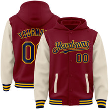 Load image into Gallery viewer, Custom Crimson Navy Cream-Gold Bomber Full-Snap Varsity Letterman Two Tone Hoodie Jacket
