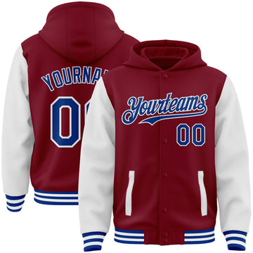 Custom Crimson Royal-White Bomber Full-Snap Varsity Letterman Two Tone Hoodie Jacket