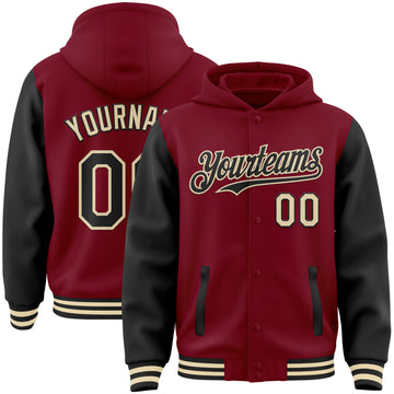 Custom Crimson Black-Cream Bomber Full-Snap Varsity Letterman Two Tone Hoodie Jacket