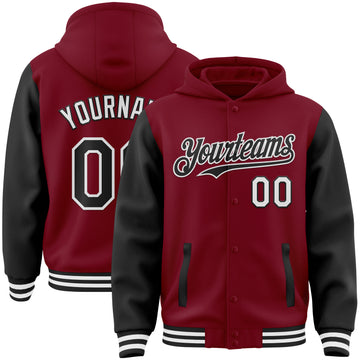 Custom Crimson Black-White Bomber Full-Snap Varsity Letterman Two Tone Hoodie Jacket