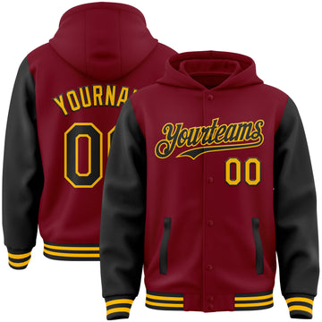 Custom Crimson Black-Gold Bomber Full-Snap Varsity Letterman Two Tone Hoodie Jacket