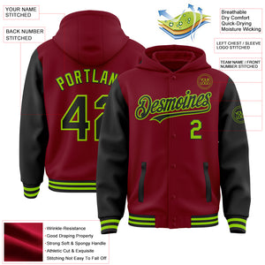 Custom Crimson Black-Neon Green Bomber Full-Snap Varsity Letterman Two Tone Hoodie Jacket