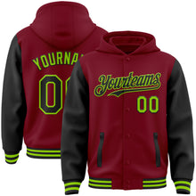 Load image into Gallery viewer, Custom Crimson Black-Neon Green Bomber Full-Snap Varsity Letterman Two Tone Hoodie Jacket
