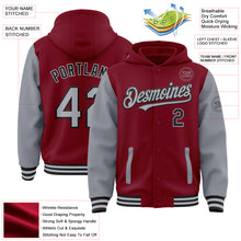 Load image into Gallery viewer, Custom Crimson Gray-Black Bomber Full-Snap Varsity Letterman Two Tone Hoodie Jacket
