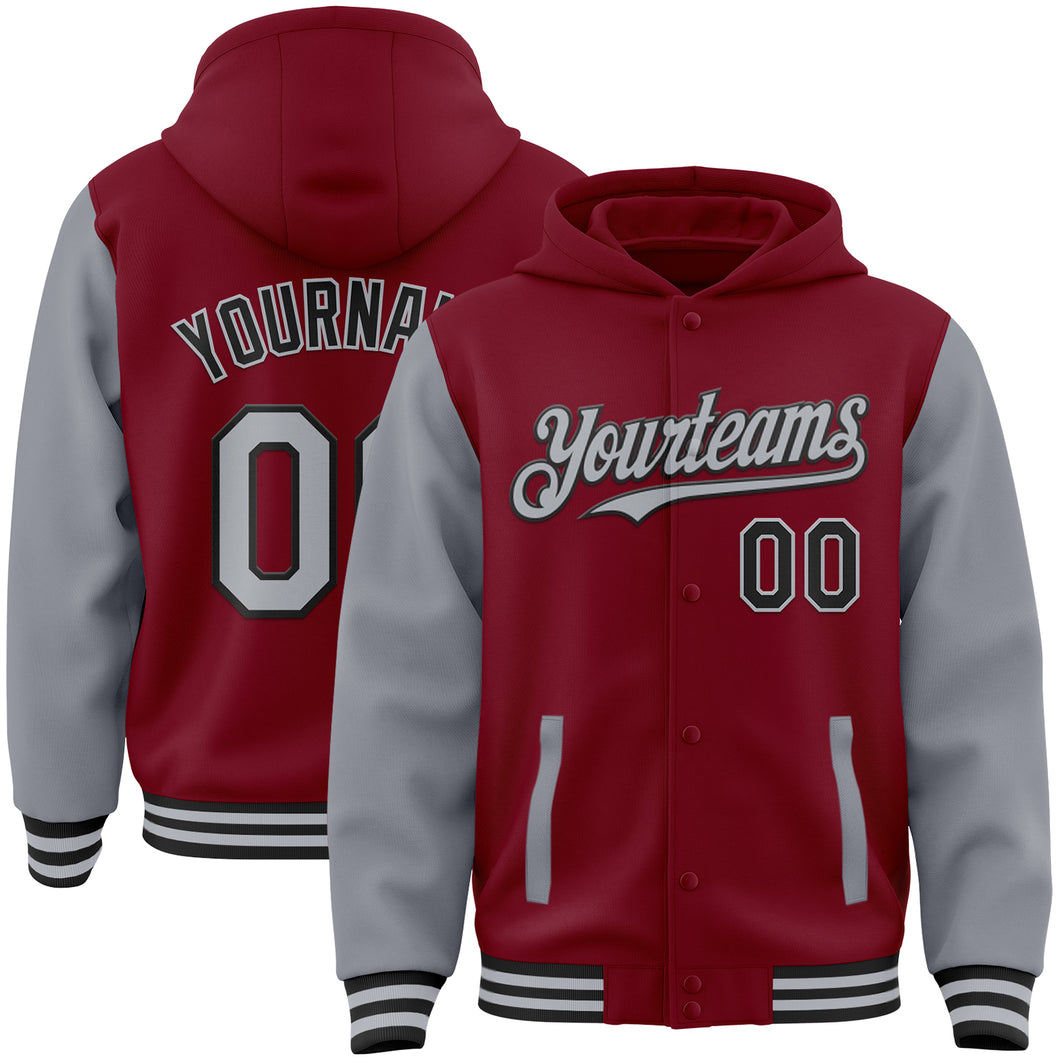 Custom Crimson Gray-Black Bomber Full-Snap Varsity Letterman Two Tone Hoodie Jacket