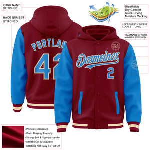 Custom Crimson Powder Blue Cream-Maroon Bomber Full-Snap Varsity Letterman Two Tone Hoodie Jacket