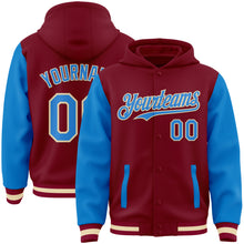 Load image into Gallery viewer, Custom Crimson Powder Blue Cream-Maroon Bomber Full-Snap Varsity Letterman Two Tone Hoodie Jacket
