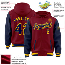 Load image into Gallery viewer, Custom Crimson Navy-Gold Bomber Full-Snap Varsity Letterman Two Tone Hoodie Jacket
