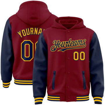 Custom Crimson Navy-Gold Bomber Full-Snap Varsity Letterman Two Tone Hoodie Jacket