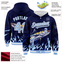 Load image into Gallery viewer, Custom Navy Light Blue-White Tuna Fish Fishing 3D Bomber Full-Snap Varsity Letterman Hoodie Jacket
