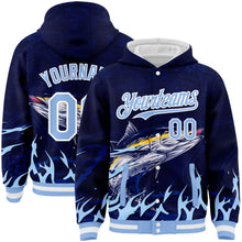 Load image into Gallery viewer, Custom Navy Light Blue-White Tuna Fish Fishing 3D Bomber Full-Snap Varsity Letterman Hoodie Jacket
