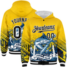 Load image into Gallery viewer, Custom Gold Black-White Marlin Fish Fishing 3D Bomber Full-Snap Varsity Letterman Hoodie Jacket
