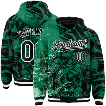 Custom Kelly Green Black-White Barracuda Fish Fishing 3D Bomber Full-Snap Varsity Letterman Hoodie Jacket