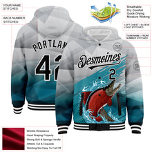 Load image into Gallery viewer, Custom Gray Black-Aqua Salmon Fish Fishing 3D Bomber Full-Snap Varsity Letterman Hoodie Jacket
