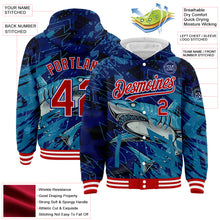 Load image into Gallery viewer, Custom Royal Red-White Marlin Fish Fishing 3D Bomber Full-Snap Varsity Letterman Hoodie Jacket
