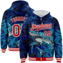 Load image into Gallery viewer, Custom Royal Red-White Marlin Fish Fishing 3D Bomber Full-Snap Varsity Letterman Hoodie Jacket
