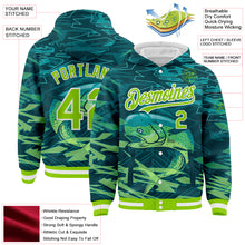 Load image into Gallery viewer, Custom Teal Neon Green-White Mahimah Fish Fishing 3D Bomber Full-Snap Varsity Letterman Hoodie Jacket
