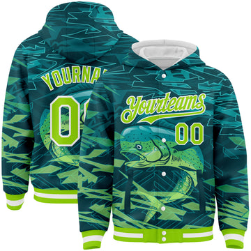 Custom Teal Neon Green-White Mahimah Fish Fishing 3D Bomber Full-Snap Varsity Letterman Hoodie Jacket