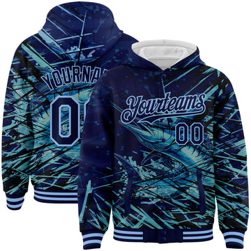 Custom Navy Light Blue Marlin Fish Fishing 3D Bomber Full-Snap Varsity Letterman Hoodie Jacket