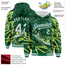 Load image into Gallery viewer, Custom Kelly Green White Largemouth Bass Fish Fishing 3D Bomber Full-Snap Varsity Letterman Hoodie Jacket
