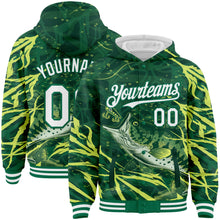 Load image into Gallery viewer, Custom Kelly Green White Largemouth Bass Fish Fishing 3D Bomber Full-Snap Varsity Letterman Hoodie Jacket
