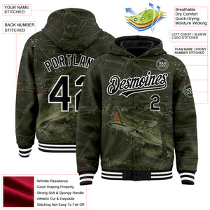 Custom Olive Black-White Largemouth Bass Fish Fishing 3D Bomber Full-Snap Varsity Letterman Hoodie Jacket