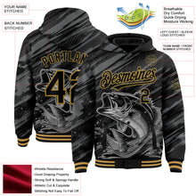 Load image into Gallery viewer, Custom Black Old Gold Largemouth Bass Fish Fishing 3D Bomber Full-Snap Varsity Letterman Hoodie Jacket
