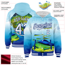 Load image into Gallery viewer, Custom Lakes Blue White-Royal Mahimah Fish Fishing 3D Bomber Full-Snap Varsity Letterman Hoodie Jacket
