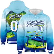 Load image into Gallery viewer, Custom Lakes Blue White-Royal Mahimah Fish Fishing 3D Bomber Full-Snap Varsity Letterman Hoodie Jacket
