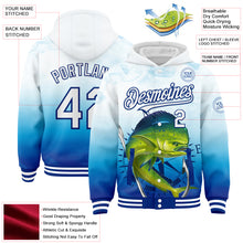 Load image into Gallery viewer, Custom Lakes Blue White-Royal Mahimah Fish Fishing 3D Bomber Full-Snap Varsity Letterman Hoodie Jacket
