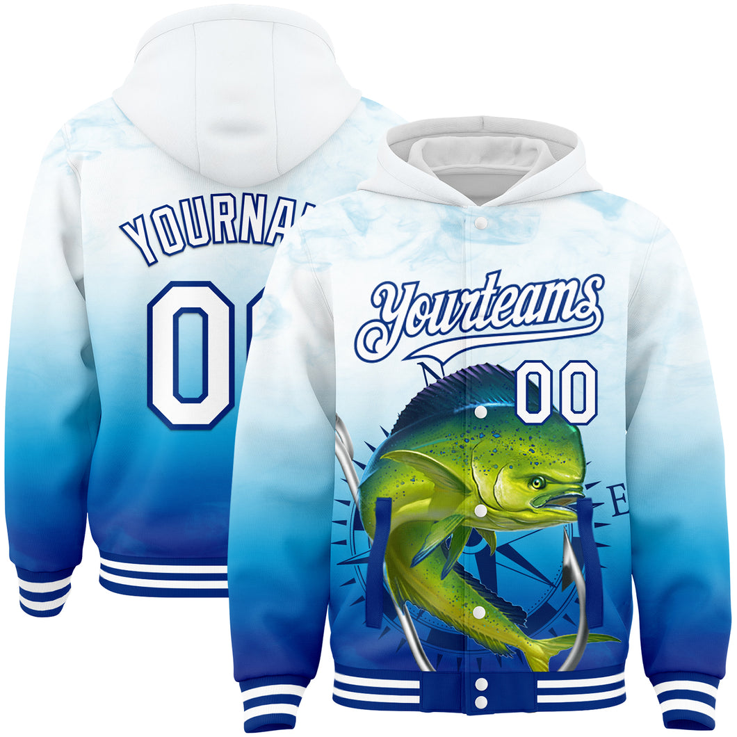 Custom Lakes Blue White-Royal Mahimah Fish Fishing 3D Bomber Full-Snap Varsity Letterman Hoodie Jacket