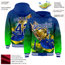 Load image into Gallery viewer, Custom Royal Neon Green-White Largemouth Bass Fish Fishing 3D Bomber Full-Snap Varsity Letterman Hoodie Jacket
