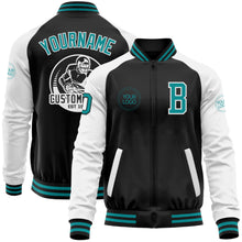 Load image into Gallery viewer, Custom Black Teal-White Bomber Varsity Letterman Two Tone Zipper Jacket
