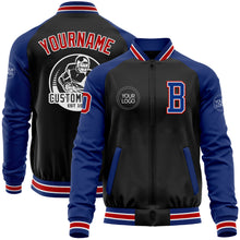 Load image into Gallery viewer, Custom Black Red-Royal Bomber Varsity Letterman Two Tone Zipper Jacket
