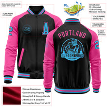 Load image into Gallery viewer, Custom Black Sky Blue-Pink Bomber Varsity Letterman Two Tone Zipper Jacket
