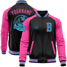 Load image into Gallery viewer, Custom Black Sky Blue-Pink Bomber Varsity Letterman Two Tone Zipper Jacket
