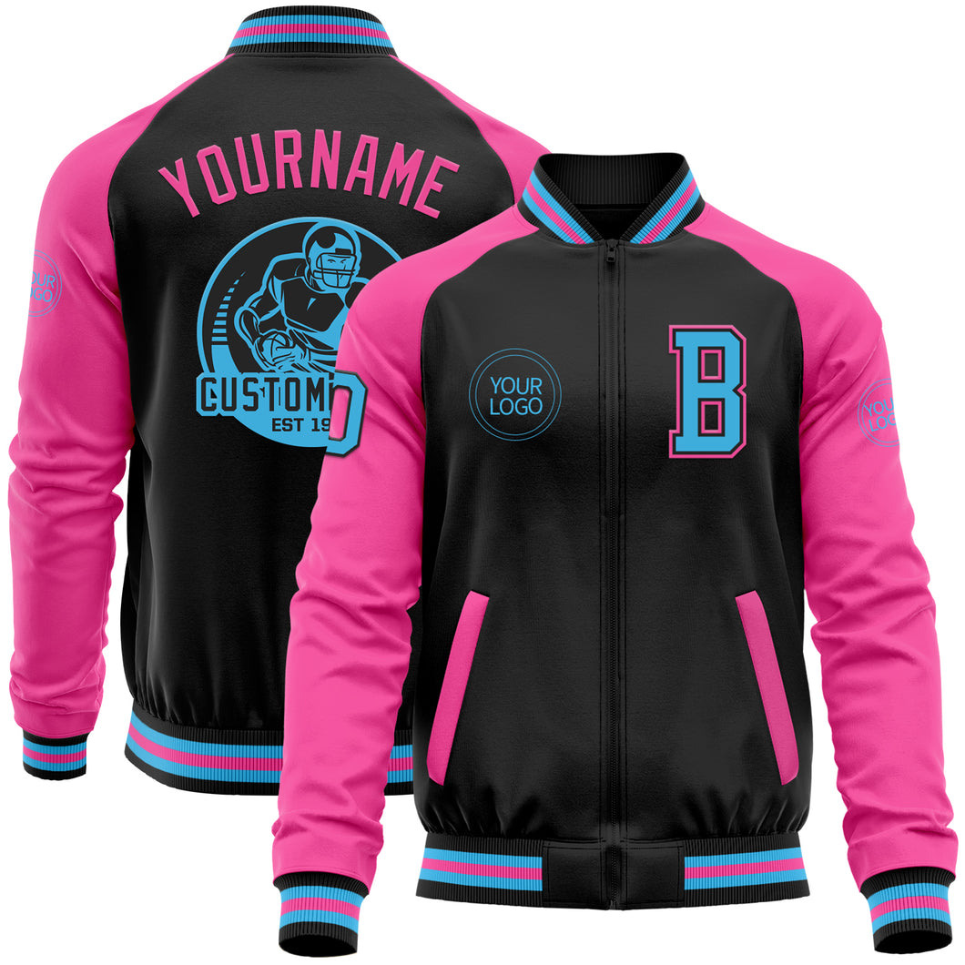 Custom Black Sky Blue-Pink Bomber Varsity Letterman Two Tone Zipper Jacket