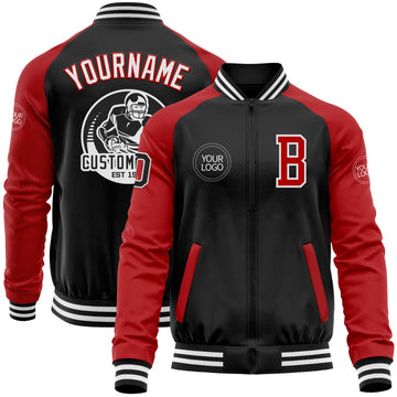 Custom Black Red-White Bomber Varsity Letterman Two Tone Zipper Jacket