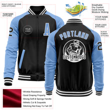 Load image into Gallery viewer, Custom Black Light Blue-White Bomber Varsity Letterman Two Tone Zipper Jacket
