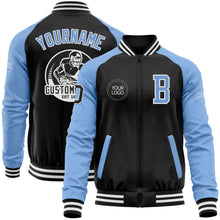 Load image into Gallery viewer, Custom Black Light Blue-White Bomber Varsity Letterman Two Tone Zipper Jacket
