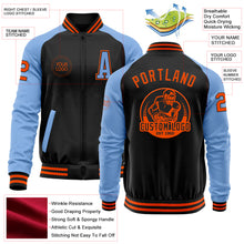 Load image into Gallery viewer, Custom Black Orange-Light Blue Bomber Varsity Letterman Two Tone Zipper Jacket
