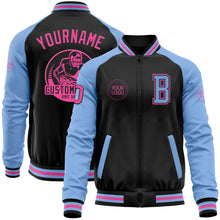 Load image into Gallery viewer, Custom Black Pink-Light Blue Bomber Varsity Letterman Two Tone Zipper Jacket
